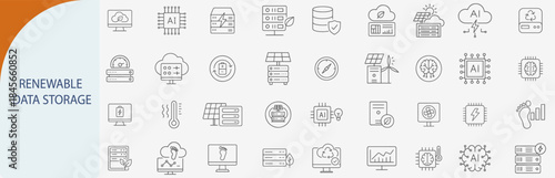 renewable data storage cloud minimal line vector icon set