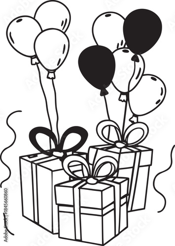 gift boxes with balloons and ribbons