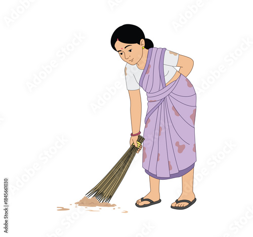 Indian Woman Sweeping Floor With Broom Traditional Household Work Illustration
