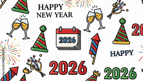 Celebrating New Year's Eve with Party Hats and Fireworks in a Joyful Atmosphere