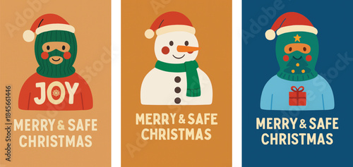 Festive Christmas Vector Illustration Set – Joyful Characters, Snowman, Santa Hat, Balaclava Style, Holiday Greeting Panels with Merry & Safe Christmas Message for Seasonal Design Projects