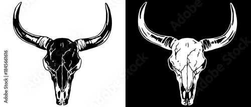 Vintage Bull Skull Engraving, Inverted Black White Xerography Vector on Transparent Background