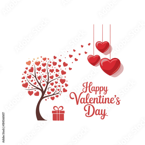 Happy Valentine’s Day Illustration with Heart Tree, Hanging Hearts and Gift Box