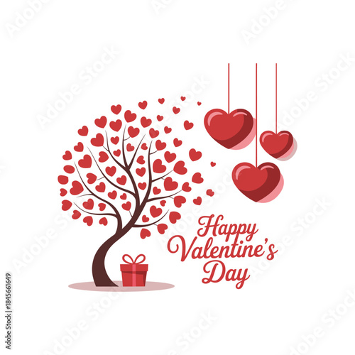 Happy Valentine’s Day Greeting with Heart Tree and Hanging Love Hearts