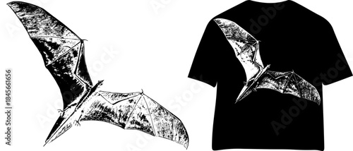Vintage Dragon Bat Engraving T Shirt Design, Inverted Black White Xerography Vector on Transparent Background