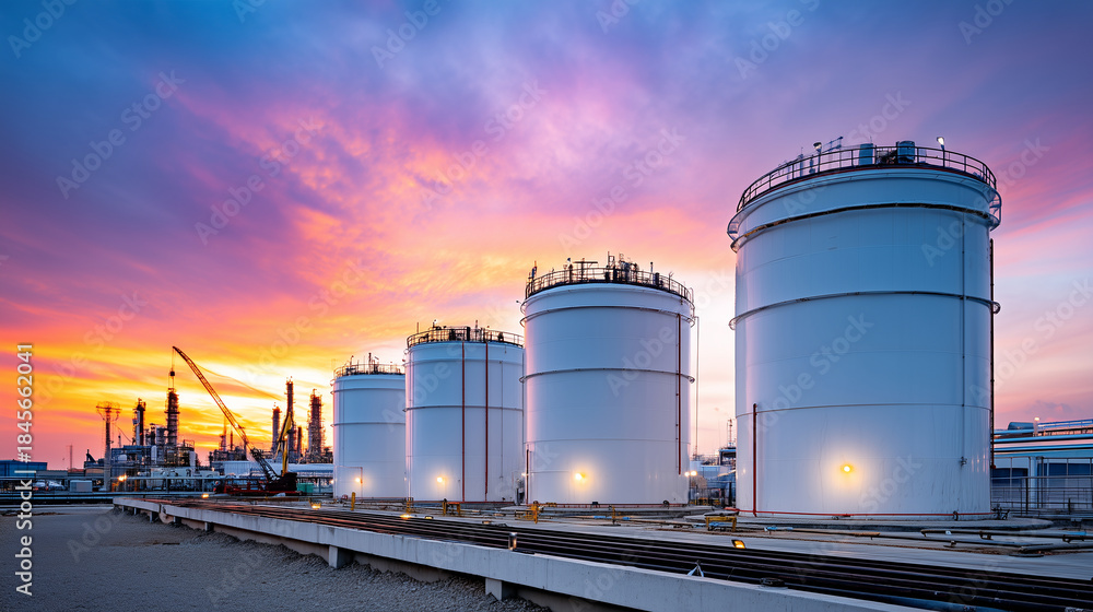 Fototapeta premium Massive cylindrical industrial storage tanks at oil refinery facility during blue hour twilight, large petroleum containers silhouetted against colorful gradient sky, fuel storage