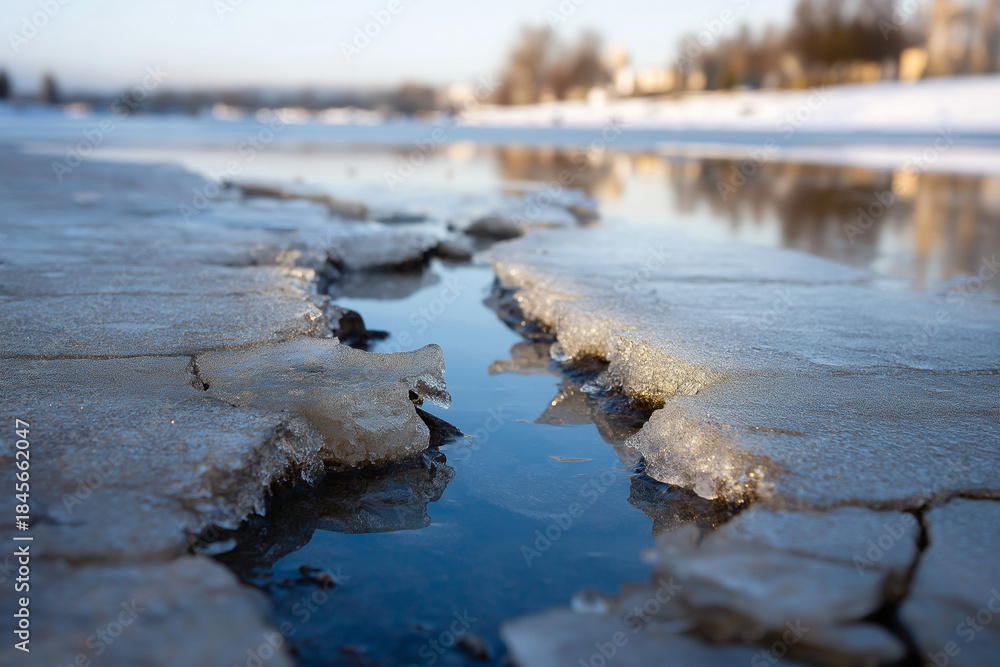 Obraz premium A captivating image showcasing the beauty of spring thaw, with water emerging from icy crevices, symbolizing renewal and the transition of seasons.