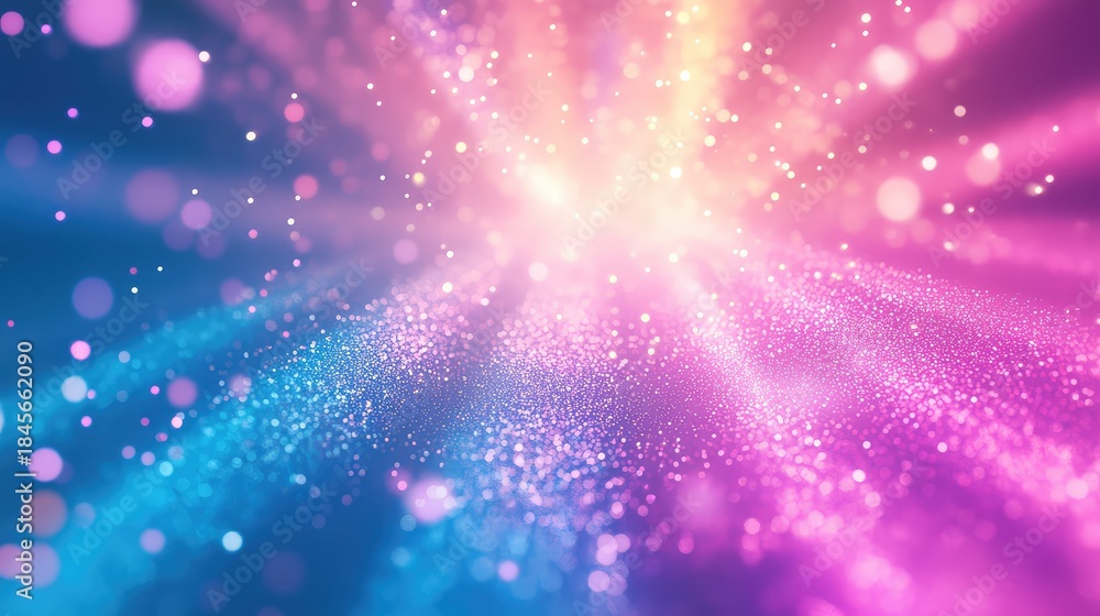 Obraz premium Abstract background showing bright light rays with shimmering particles and bokeh effects, creating a vibrant blend of blue, pink, and yellow hues representing energy and celebration