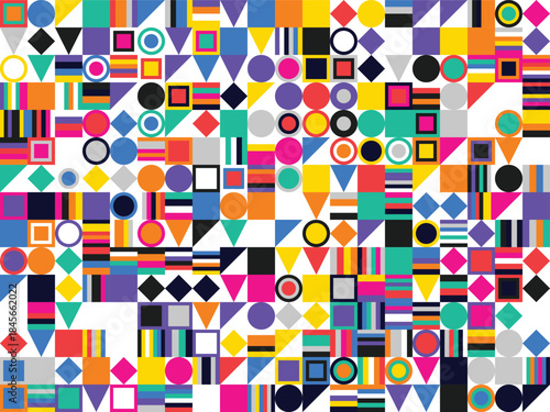 Vibrant geometric pattern with colorful shapes and symbols on