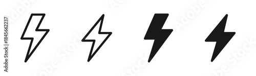 Lightning bolt icon set in outline and silhouette style representing electrical power, energy, electricity, and high voltage symbol vector illustration
