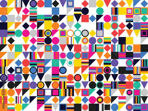 Vibrant geometric pattern with colorful shapes and symbols on gray background