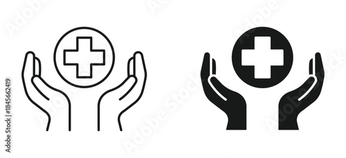 Healthcare support icon set in outline and silhouette style representing medical care, health protection, assistance, and wellness services vector illustration