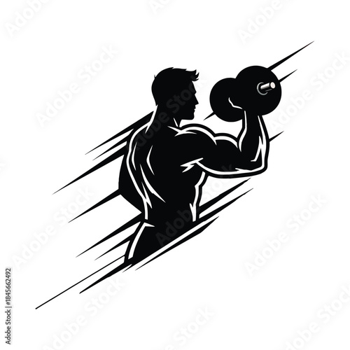 Black silhouette of muscular man lifting dumbbell with dynamic lines white