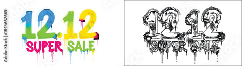 Colorful '12.12 Super Sale' graffiti paint drip text and black and white gothic metal style version isolated