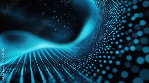 Blue particle wave forming a glowing, dynamic data stream that visualizes network connectivity, information flow, and futuristic digital infrastructure in a high tech background