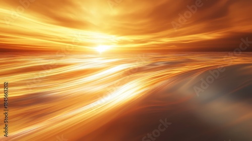 Golden light streams flowing with a bright sun on the horizon, creating an abstract representation of energy, speed, and digital data in a futuristic landscape