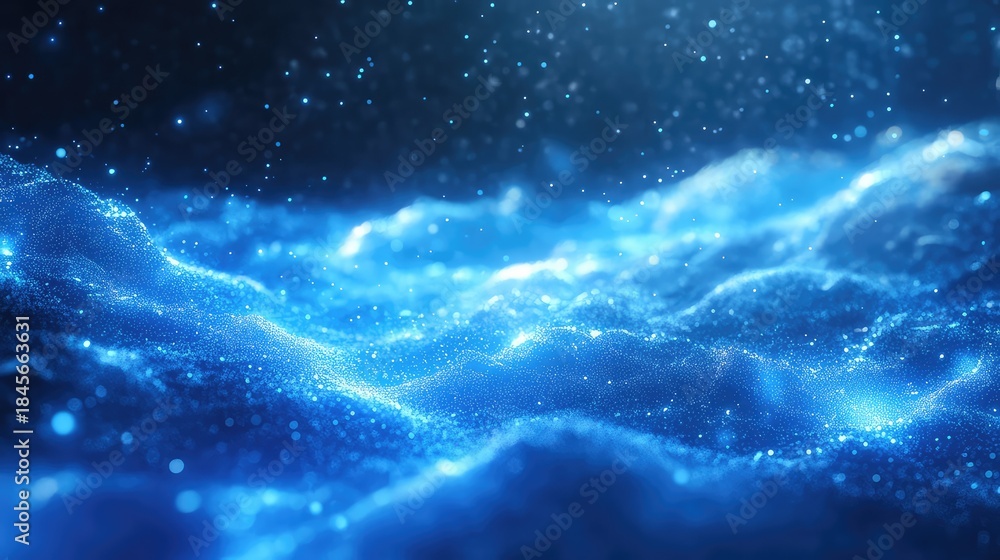 Obraz premium Abstract background showing bright blue particles creating undulating waves, representing flowing digital information, energy, and interconnected networks in a futuristic and technological concept