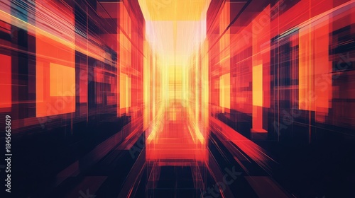 Fototapeta Naklejka Na Ścianę i Meble -  Vibrant orange red digital tunnel of translucent geometric panels and glowing lines, conveying speed, depth and futuristic cyberspace flow for data, network and ai concepts