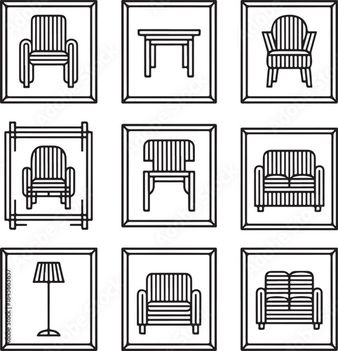 Furniture icons, interior design, chair sofa, home decor, living room, modern furnishing, lamp light, table set, apartment style, line art vector