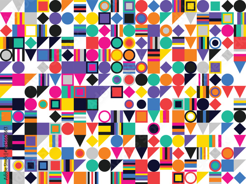Vibrant geometric shapes in various colors and sizes on