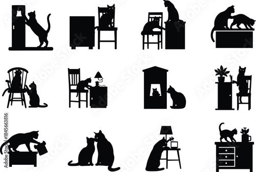 Cat silhouette collection, playful domestic cats interacting with furniture, home activities, minimalist black animal illustrations set on white background