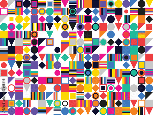 Vibrant geometric pattern with colorful shapes and symbols on
