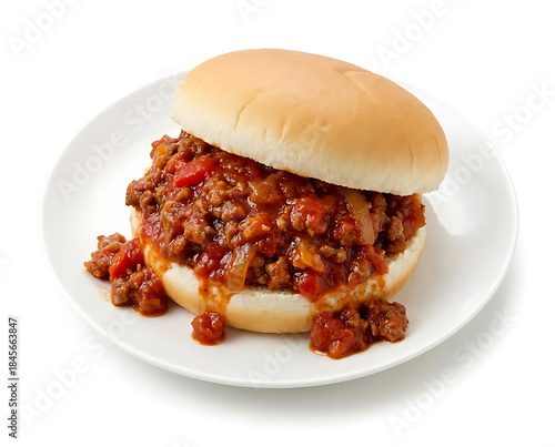 American sloppy joe, minced beef in tomato sauce inside bun, messy filling spilling, isolated on a white background
