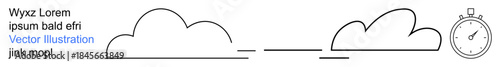 Time management, productivity, deadlines, digital graphics, placeholders, workflow design. Minimalist illustration two clouds, lines and a stopwatch. Time management and productivity