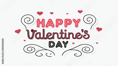 Soft neon lit calligraphy happy valentine's day greeting with decorative swirls and hearts on white background