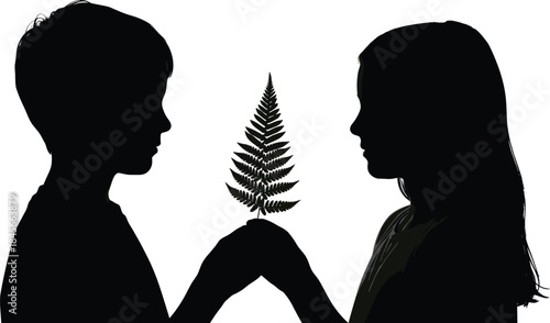 Children silhouette, holding fern leaf, friendship symbol, nature connection, childhood innocence, minimalist black illustration, isolated white background, conceptual art