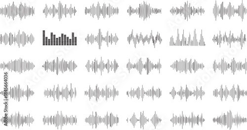 Podcast sound waves with sound wave frequency or voice microphone signals, audio waveforms line icons. UI and audio branding design for music, podcast and broadcast. Isolated vector set.eps