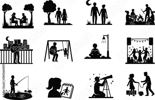 Family and leisure silhouette collection, outdoor activities, music, camping, night scenes, happy moments black illustrations on white background