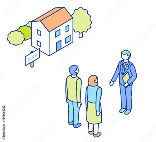 住宅購入を考えている男女と、接客する不動産仲介業者のアイソメトリックイラスト。