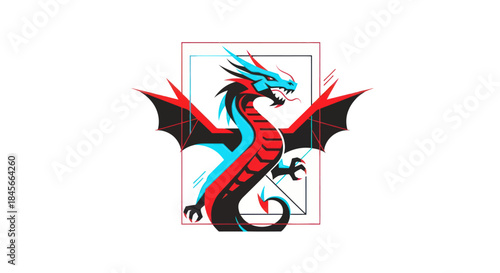 Stylized dragon illustration with bold colors and graphic design elements