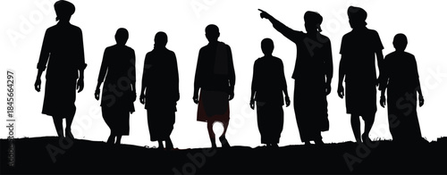 Group of villagers silhouette, rural community walking together, leadership direction concept, unity teamwork, traditional lifestyle, black illustration, isolated white background