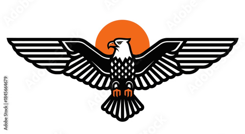 Stylized eagle silhouette with wing span and orange sun symbol