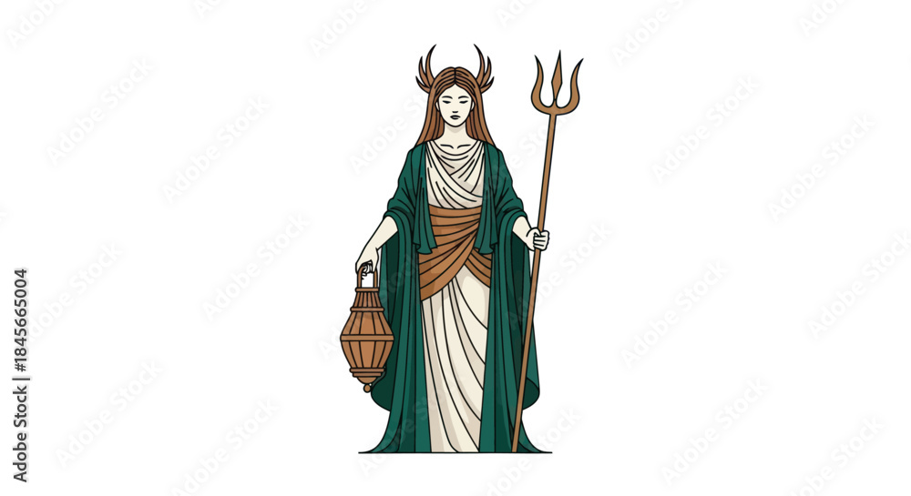 Fototapeta premium Stylized female figure illustration holding lamp and trident against white