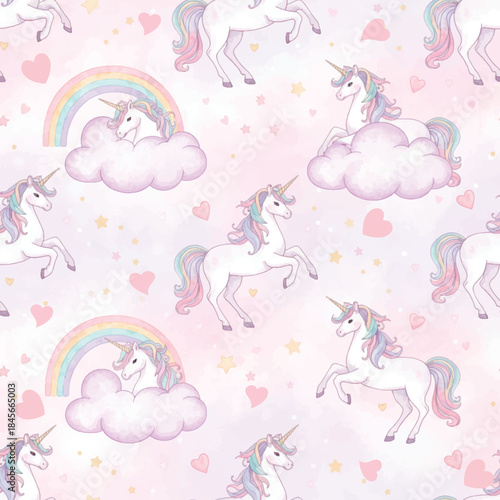 Dreamy watercolor unicorn seamless pattern. Magical wallpaper background with clouds, rainbows, love hearts and stars on a pink purple texture. Fantasy print design. Vector.