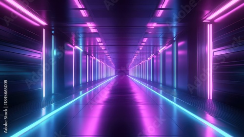 Fototapeta Naklejka Na Ścianę i Meble -  Abstract technology tunnel with symmetrical architecture showing a perspective view and glowing neon lights in a vibrant blue and purple color scheme, creating a modern digital background