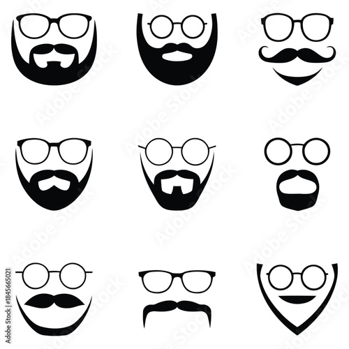 Set of mustaches. Hipster men's facial hair styles icons with glasses. Various combinations of beards, mustaches