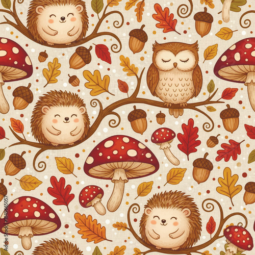 Cozy watercolor woodland seamless pattern. Autumn background wallpaper with cute hedgehogs, sleeping owls, mushrooms, oak leaves and acorns on a natural endless vector texture.