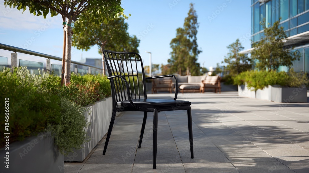 Obraz premium Modern outdoor metal chair with powder coated finish on urban terrace for stylish patio decor