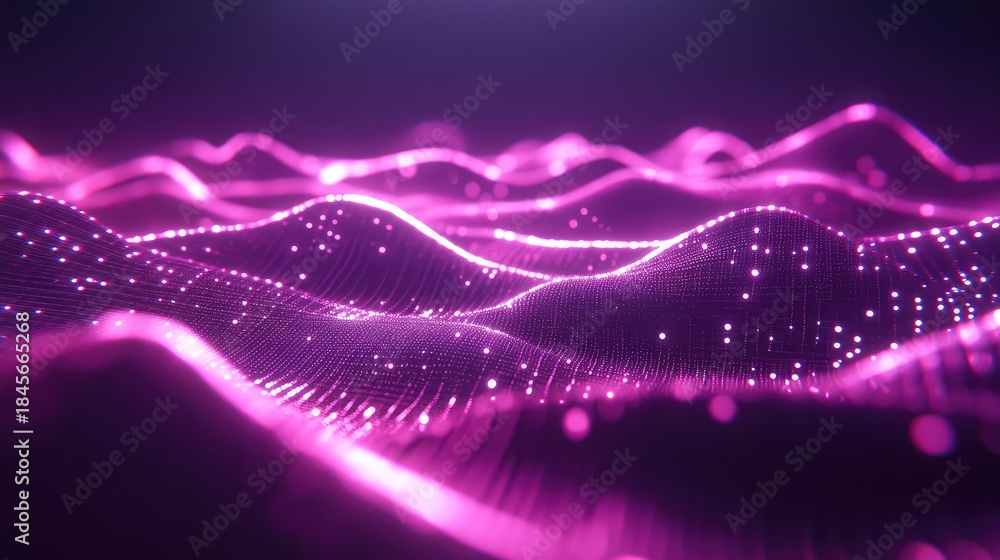 Fototapeta premium Abstract digital undulating waves representing flowing data and information with glowing dots creating a mesmerizing, futuristic technological background for science and network concepts