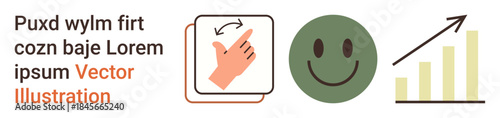 Communication, feedback, growth, usability, analytics, progress. Hand gesture icon with circular arrow, green happy face and bar chart increase. Communication and feedback ideas visualization