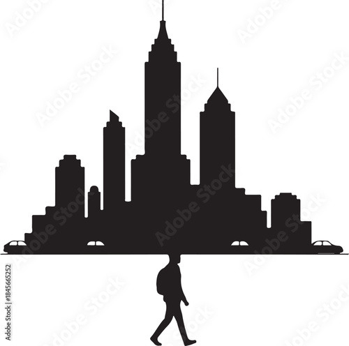 Silhouette of city skyline with lone pedestrian walking