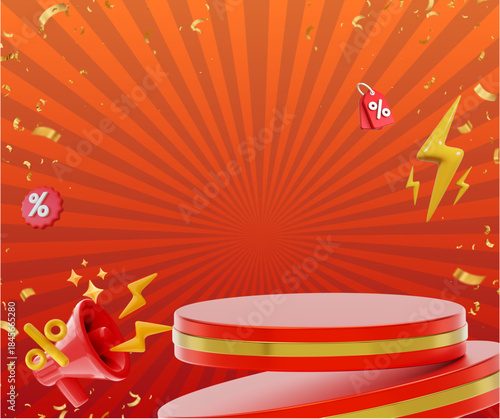 This flash sale promotional banner template is designed to showcase products or announce attractive offers. It includes a display stand, a lightning bolt icon, a siren, and discount tags.