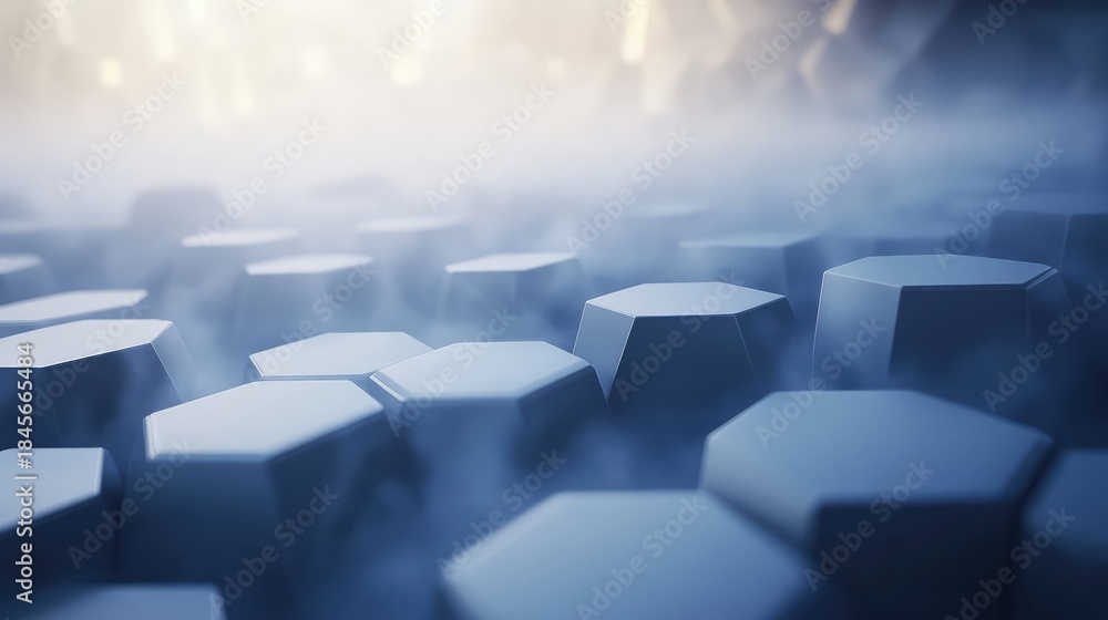 Obraz premium Blue geometric hexagons forming a futuristic patterned surface, glowing with light through a smoky mist, representing data, communication, and technological progress