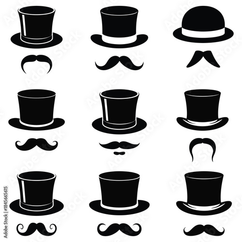 Top hats and mustaches silhouette icons set