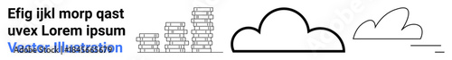 Data storage, digital technology, cloud computing, networking, abstract design, infographics. Stacked lines and cloud shapes in black outline. Data storage and digital technology focus