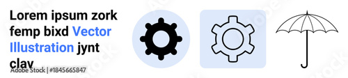 Black gear, outlined gear with blue background, umbrella line sketch. Ideal for innovation, mechanics, engineering, technology, development, protection simple landing page